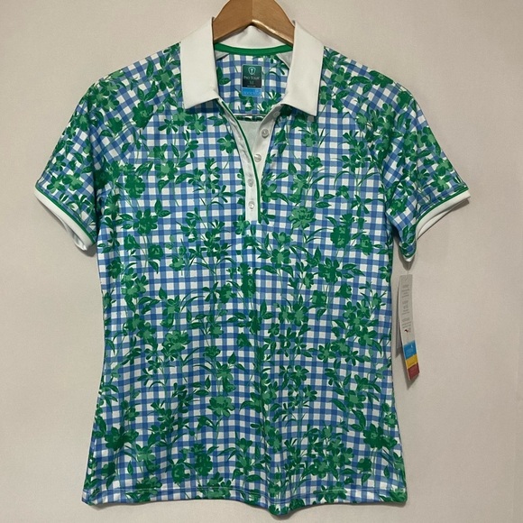 Pro Tour NWT gingham and floral short sleeve polo golf shirt size M - Picture 2 of 6